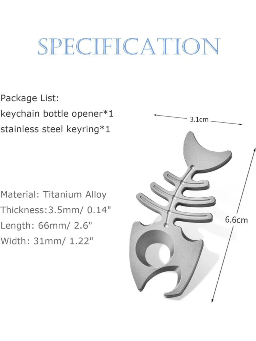 Titanium Fishbone Keychain Bottle Opener with Stainless Steel Ring - EDC Tool